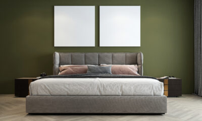 mock-up-interior-design-decoration-modern-cozy-bedroom-empty-green-wall-background