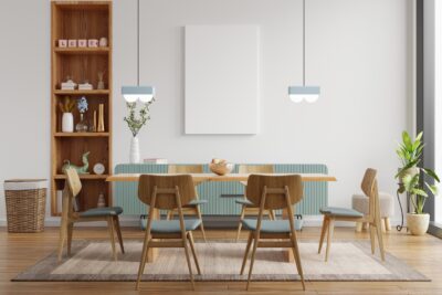 Mock up poster in modern dining room interior design with white empty wall.